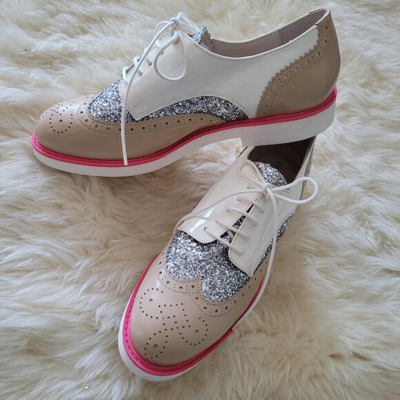 COSMOPARIS Leather Platform Oxford Loafers Tan Silver Glitter  SZ 6.5 - Picture 1 of 12